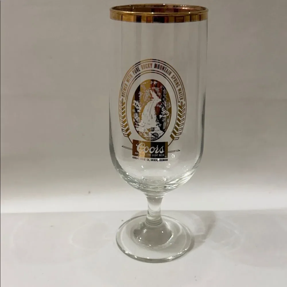 Coors Beer Bar Glass Pure Rocky Mountain Spring 12 Oz Clear Gold Rim 7 In Tall